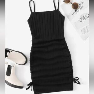 Girls Drawstring Side Rib-knit Black Ruched Cami Dress Size 11/12 youth